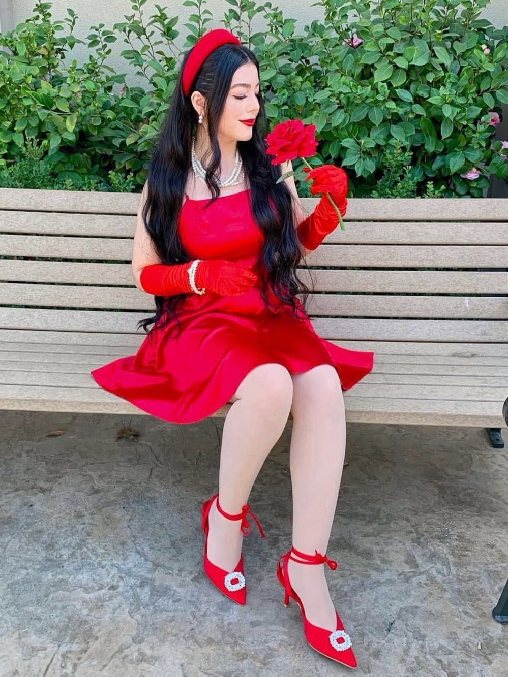 Red Satin Fit & Flare Dress with Matching Accessories